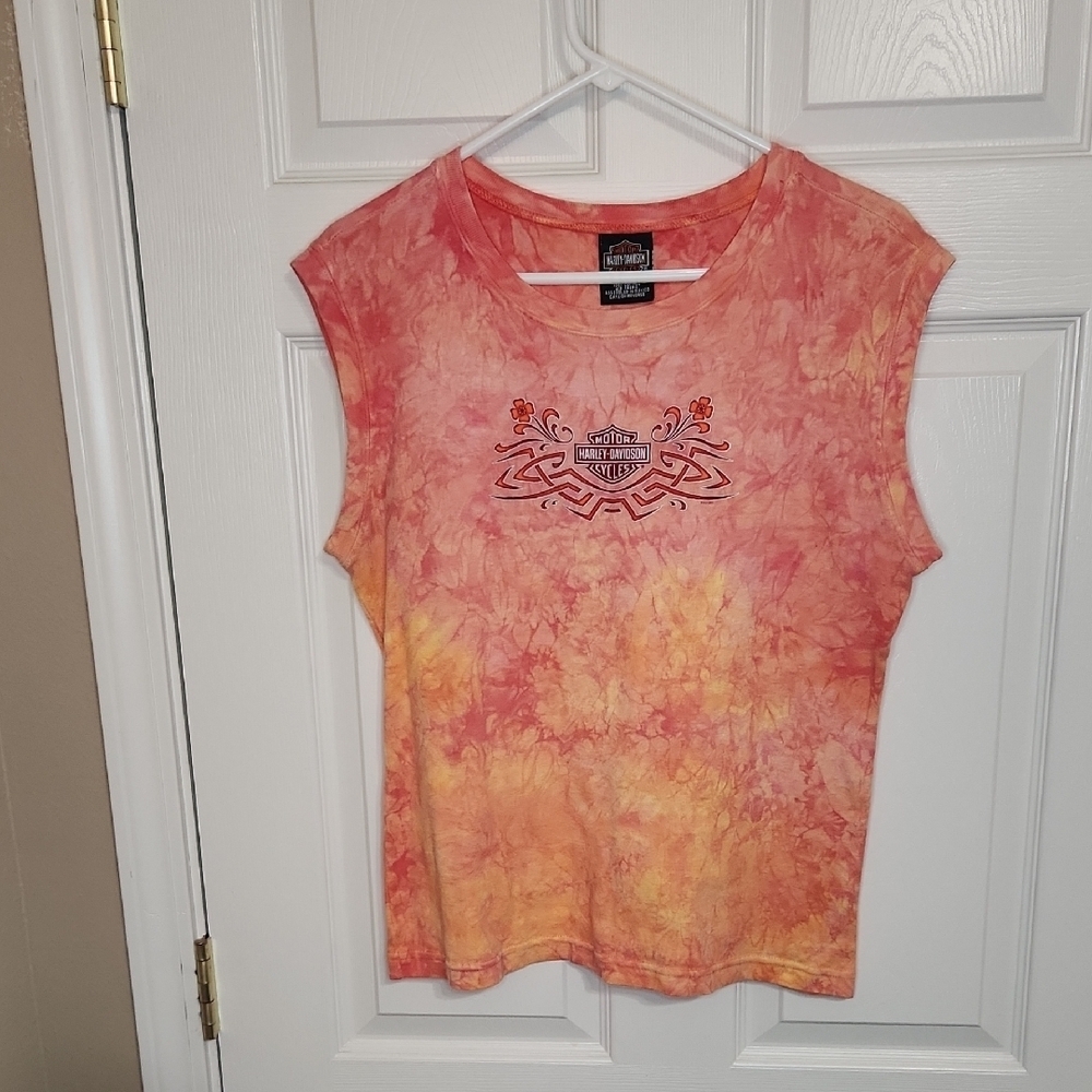 Harley-Davidson Orange Pink Graphic Crop Muscle Tee